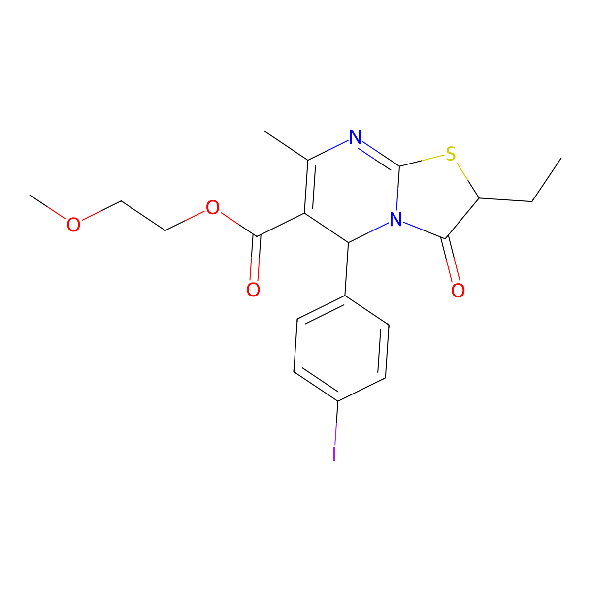 2-methoxyethyl 2-ethyl-5-(4-iodophenyl)-7-methyl-3-oxo-2,3-dihydro-5H-[1,3]thiazolo[3,2-a]pyrimidine-6-carboxylate molecular structure, CAS 836625-39-9