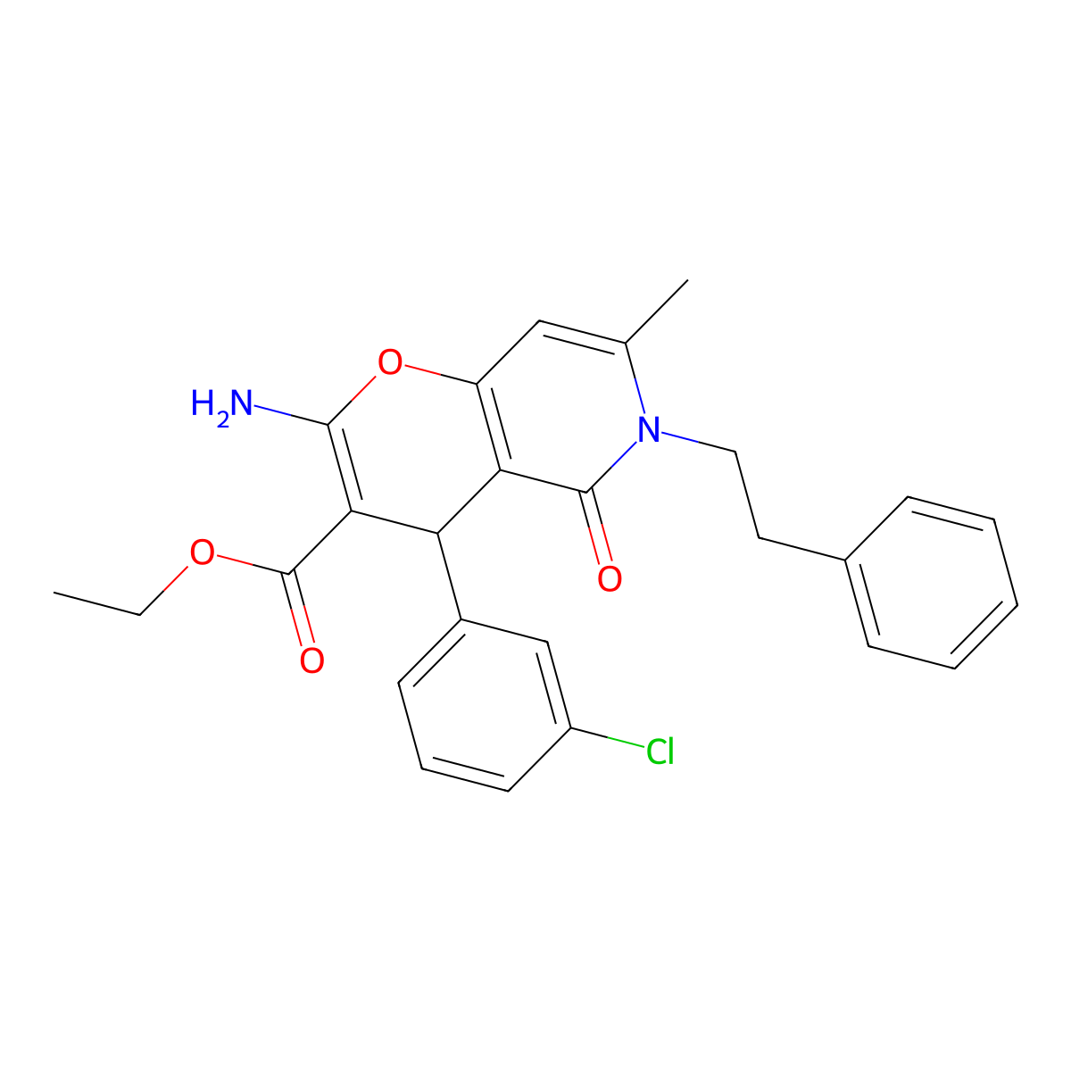 ethyl 2-amino-4-(3-chlorophenyl)-7-methyl-5-oxo-6-phenethyl-5,6-dihydro-4H-pyrano[3,2-c]pyridine-3-carboxylate molecular structure, CAS 836631-80-2