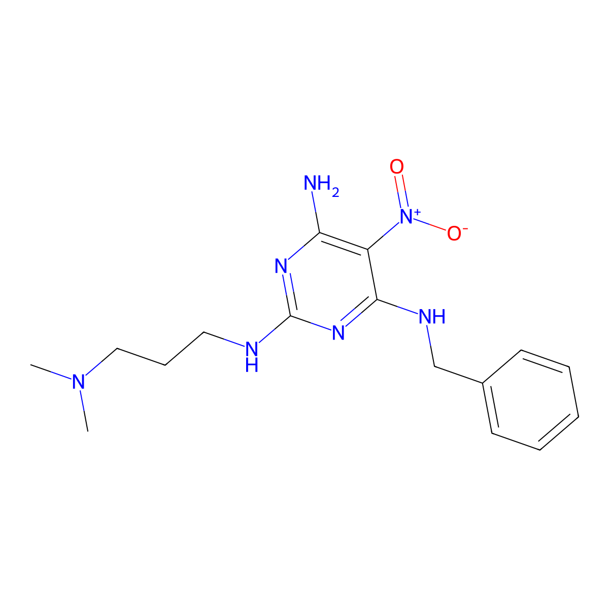 4-N-benzyl-2-N-[3-(dimethylamino)propyl]-5-nitropyrimidine-2,4,6-triamine molecular structure, CAS 836634-02-7