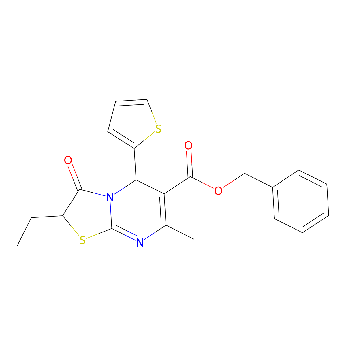 benzyl 2-ethyl-7-methyl-3-oxo-5-(2-thienyl)-2,3-dihydro-5H-[1,3]thiazolo[3,2-a]pyrimidine-6-carboxylate molecular structure, CAS 836634-87-8