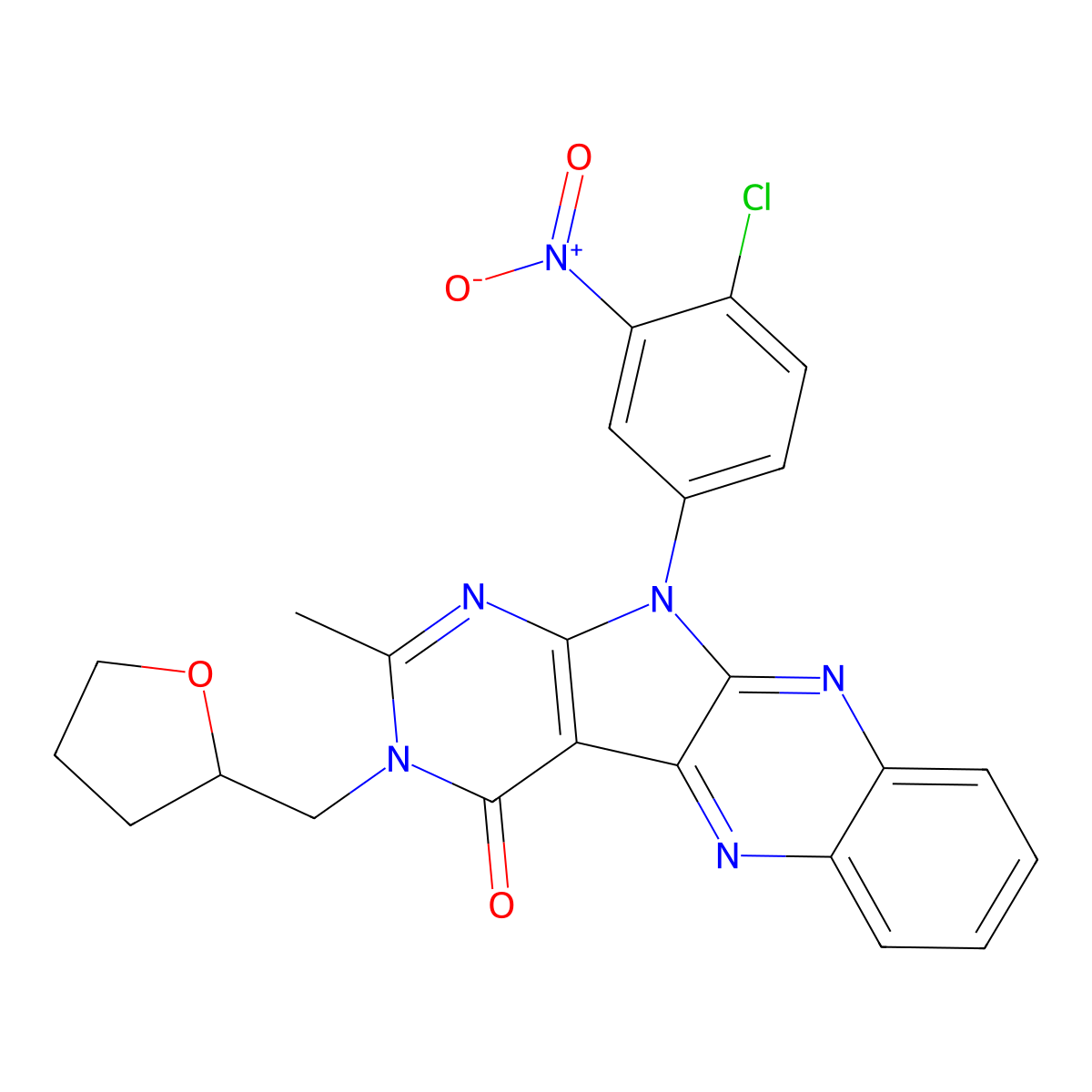 11-(4-chloro-3-nitrophenyl)-2-methyl-3-((tetrahydrofuran-2-yl)methyl)-3H-pyrimido[5',4':4,5]pyrrolo[2,3-b]quinoxalin-4(11H)-one molecular structure, CAS 836634-99-2