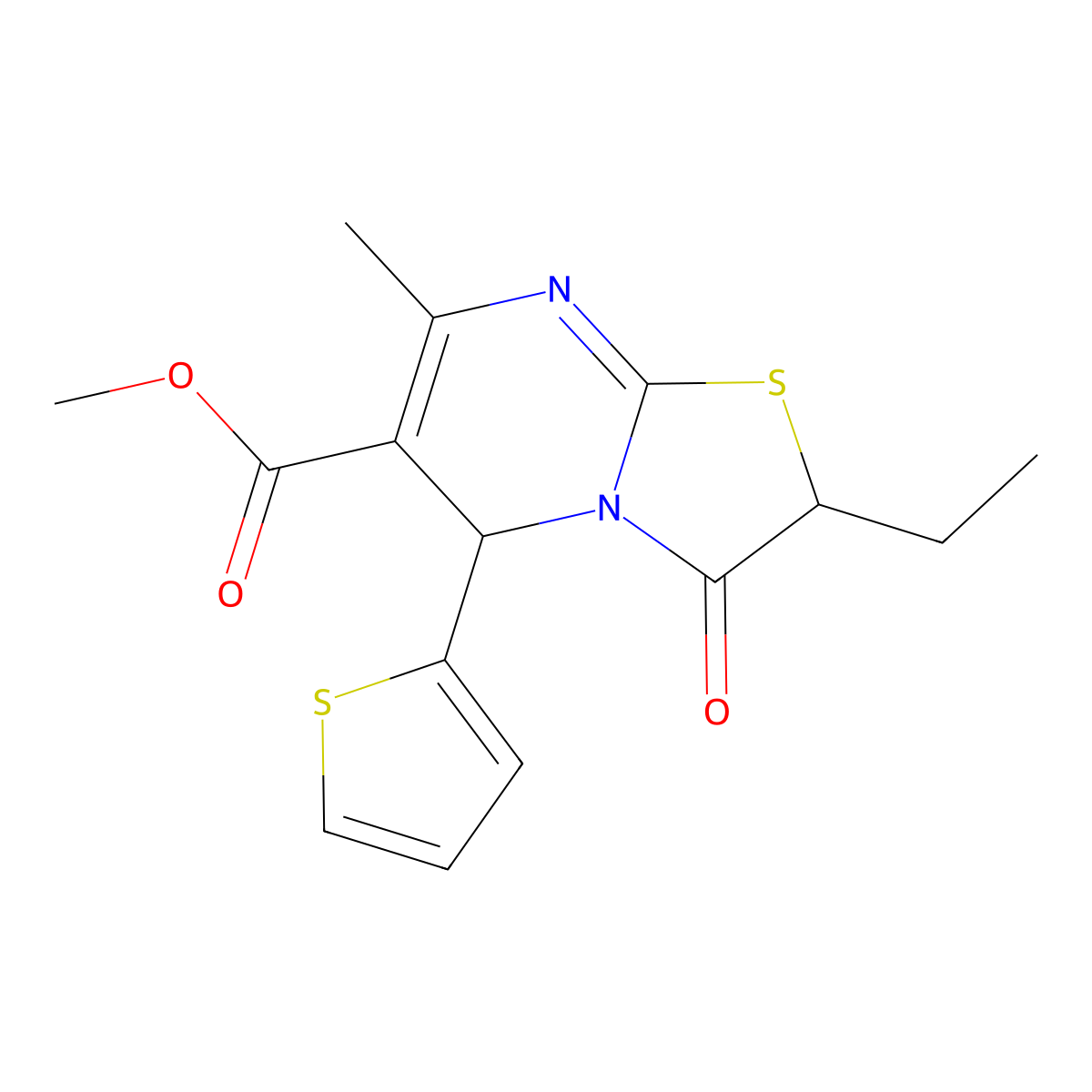 methyl 2-ethyl-7-methyl-3-oxo-5-thiophen-2-yl-5H-[1,3]thiazolo[3,2-a]pyrimidine-6-carboxylate molecular structure, CAS 836635-08-6