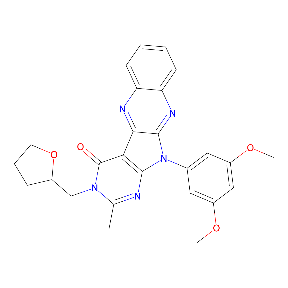 11-(3,5-dimethoxyphenyl)-2-methyl-3-((tetrahydrofuran-2-yl)methyl)-3H-pyrimido[5',4':4,5]pyrrolo[2,3-b]quinoxalin-4(11H)-one molecular structure, CAS 836639-40-8