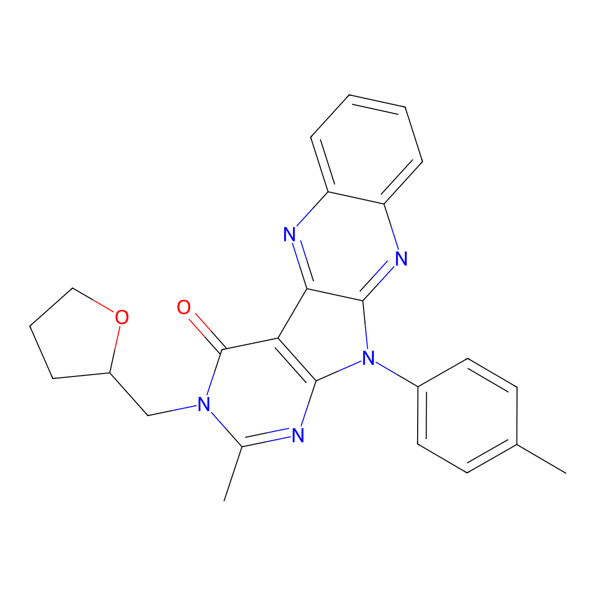 2-methyl-3-((tetrahydrofuran-2-yl)methyl)-11-(p-tolyl)-3H-pyrimido[5',4':4,5]pyrrolo[2,3-b]quinoxalin-4(11H)-one molecular structure, CAS 836640-64-3
