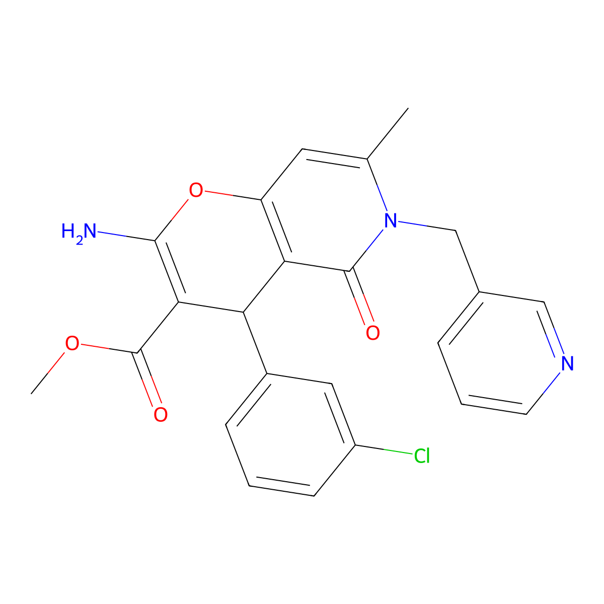 methyl 2-amino-4-(3-chlorophenyl)-7-methyl-5-oxo-6-(pyridin-3-ylmethyl)-5,6-dihydro-4H-pyrano[3,2-c]pyridine-3-carboxylate molecular structure, CAS 836641-01-1