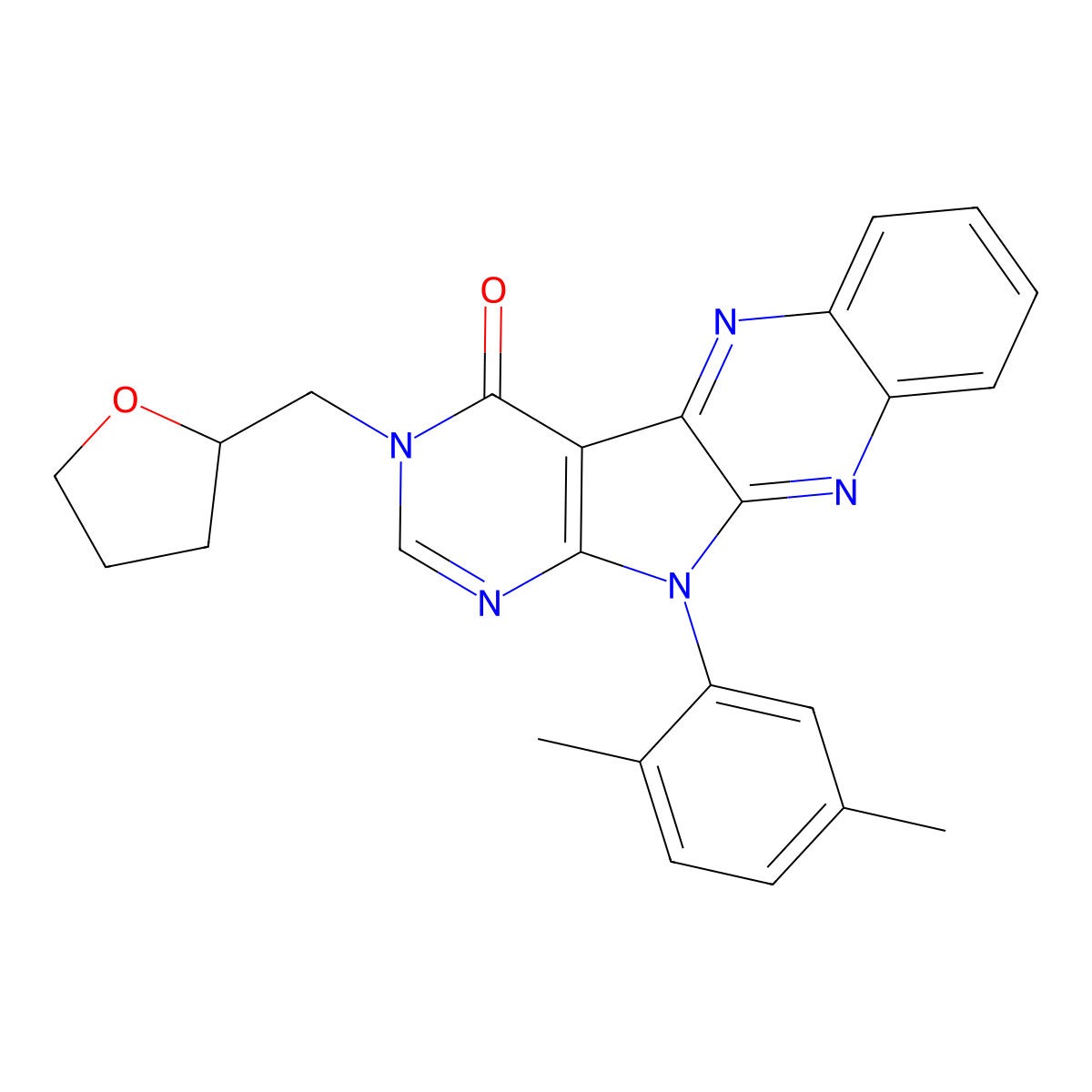 11-(2,5-dimethylphenyl)-3-((tetrahydrofuran-2-yl)methyl)-3H-pyrimido[5',4':4,5]pyrrolo[2,3-b]quinoxalin-4(11H)-one molecular structure, CAS 836643-03-9