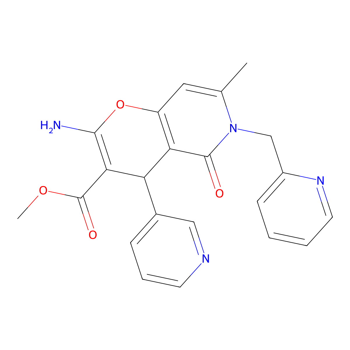 methyl 2-amino-7-methyl-5-oxo-4-pyridin-3-yl-6-(pyridin-2-ylmethyl)-4H-pyrano[3,2-c]pyridine-3-carboxylate molecular structure, CAS 836646-61-8