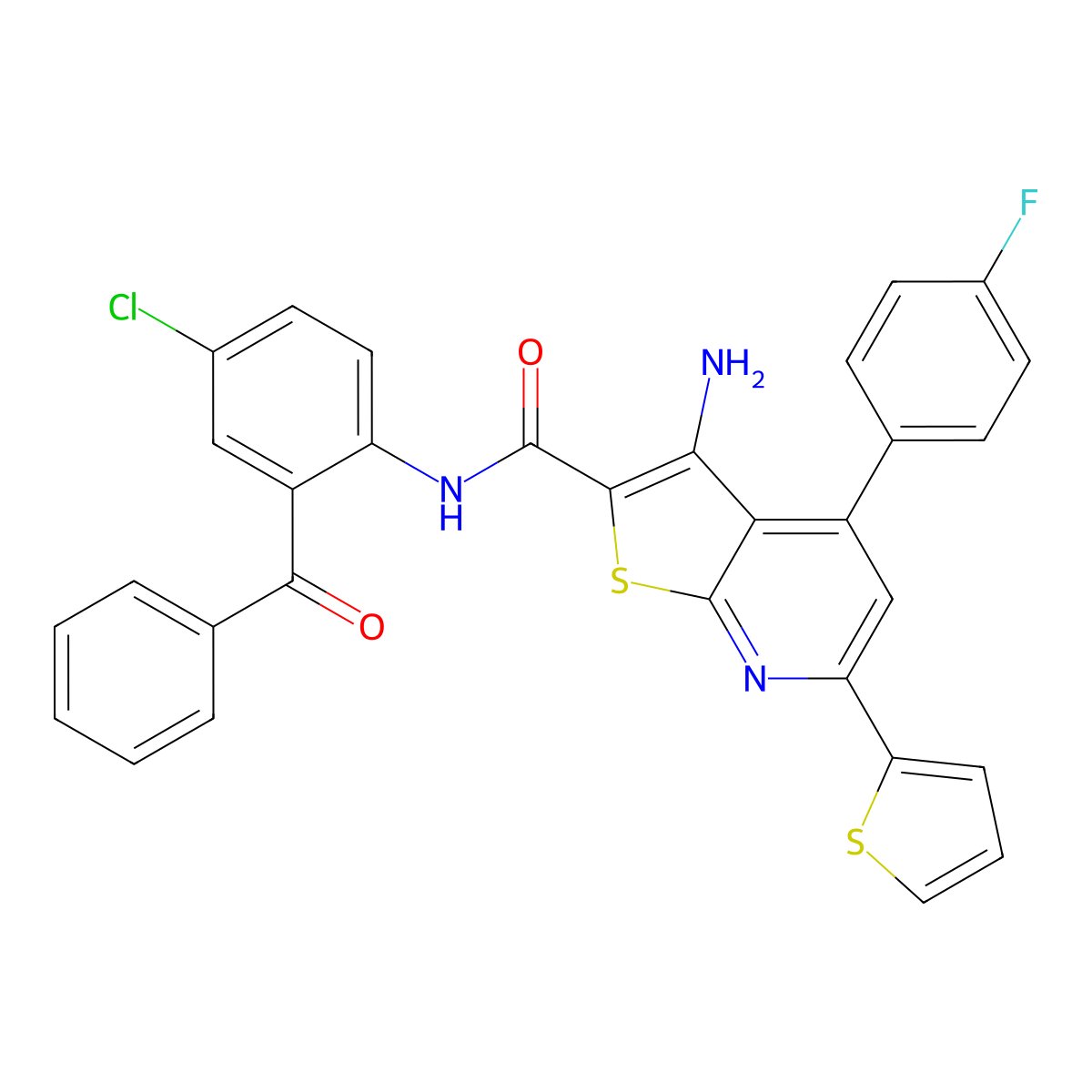 3-amino-N-[4-chloro-2-(phenylcarbonyl)phenyl]-4-(4-fluorophenyl)-6-(thiophen-2-yl)thieno[2,3-b]pyridine-2-carboxamide molecular structure, CAS 836646-70-9