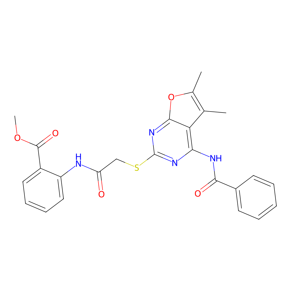Methyl 2-[({[4-(benzoylamino)-5,6-dimethylfuro[2,3-d]pyrimidin-2-yl]thio}acetyl)amino]benzoate molecular structure, CAS 836662-46-5