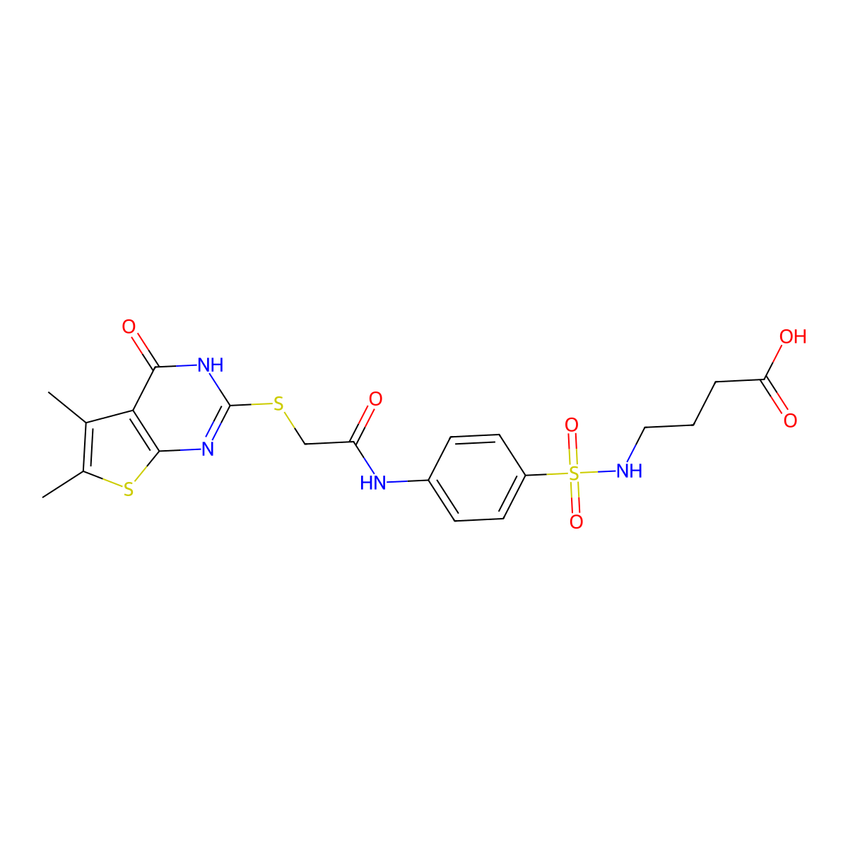 4-[[4-[[2-[(5,6-dimethyl-4-oxo-3H-thieno[2,3-d]pyrimidin-2-yl)sulfanyl]acetyl]amino]phenyl]sulfonylamino]butanoic acid molecular structure, CAS 836663-82-2