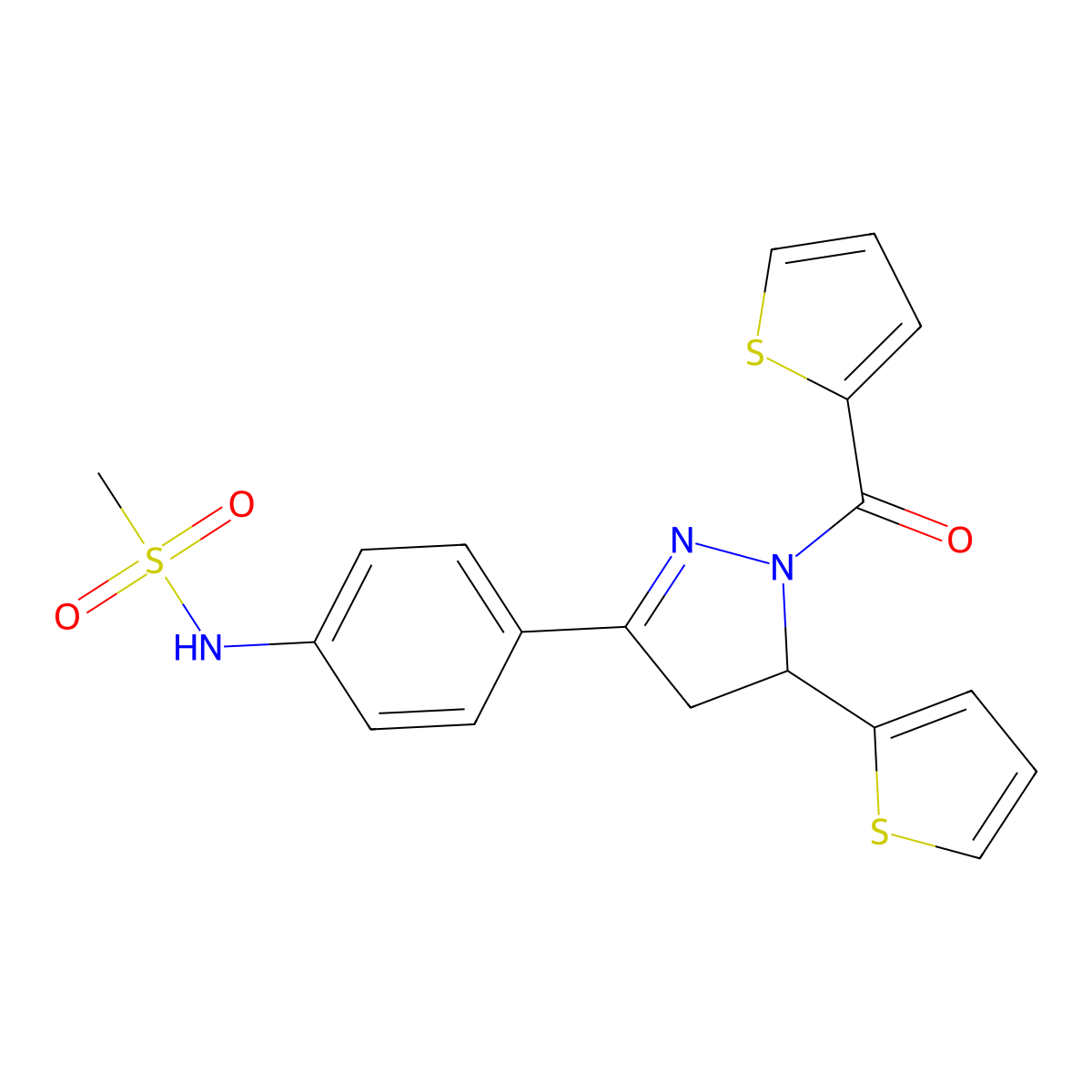 N-{4-[5-(thiophen-2-yl)-1-(thiophene-2-carbonyl)-4,5-dihydro-1H-pyrazol-3-yl]phenyl}methanesulfonamide molecular structure, CAS 836664-87-0