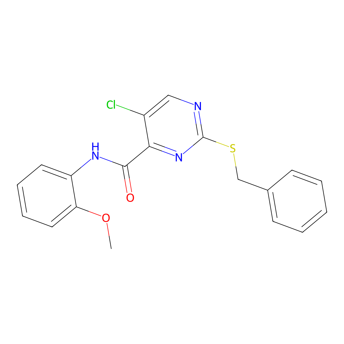 2-(benzylsulfanyl)-5-chloro-N-(2-methoxyphenyl)pyrimidine-4-carboxamide molecular structure, CAS 836665-41-9