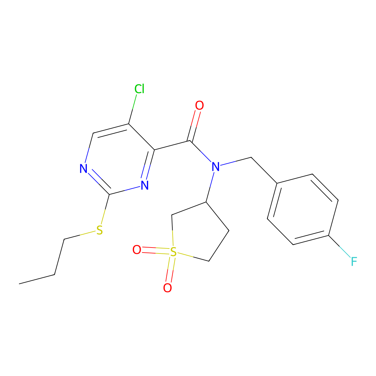 5-chloro-N-(1,1-dioxothiolan-3-yl)-N-[(4-fluorophenyl)methyl]-2-propylsulfanylpyrimidine-4-carboxamide molecular structure, CAS 836666-57-0