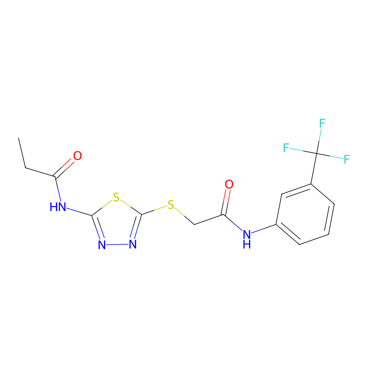 N-(5-((2-oxo-2-((3-(trifluoromethyl)phenyl)amino)ethyl)thio)-1,3,4-thiadiazol-2-yl)propionamide molecular structure, CAS 836677-36-2