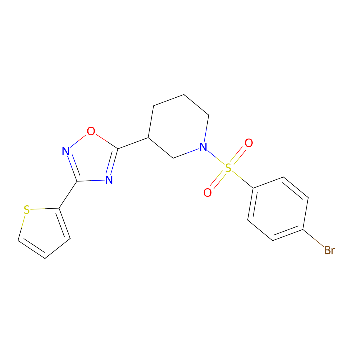 5-(1-((4-Bromophenyl)sulfonyl)piperidin-3-yl)-3-(thiophen-2-yl)-1,2,4-oxadiazole molecular structure, CAS 837414-22-9