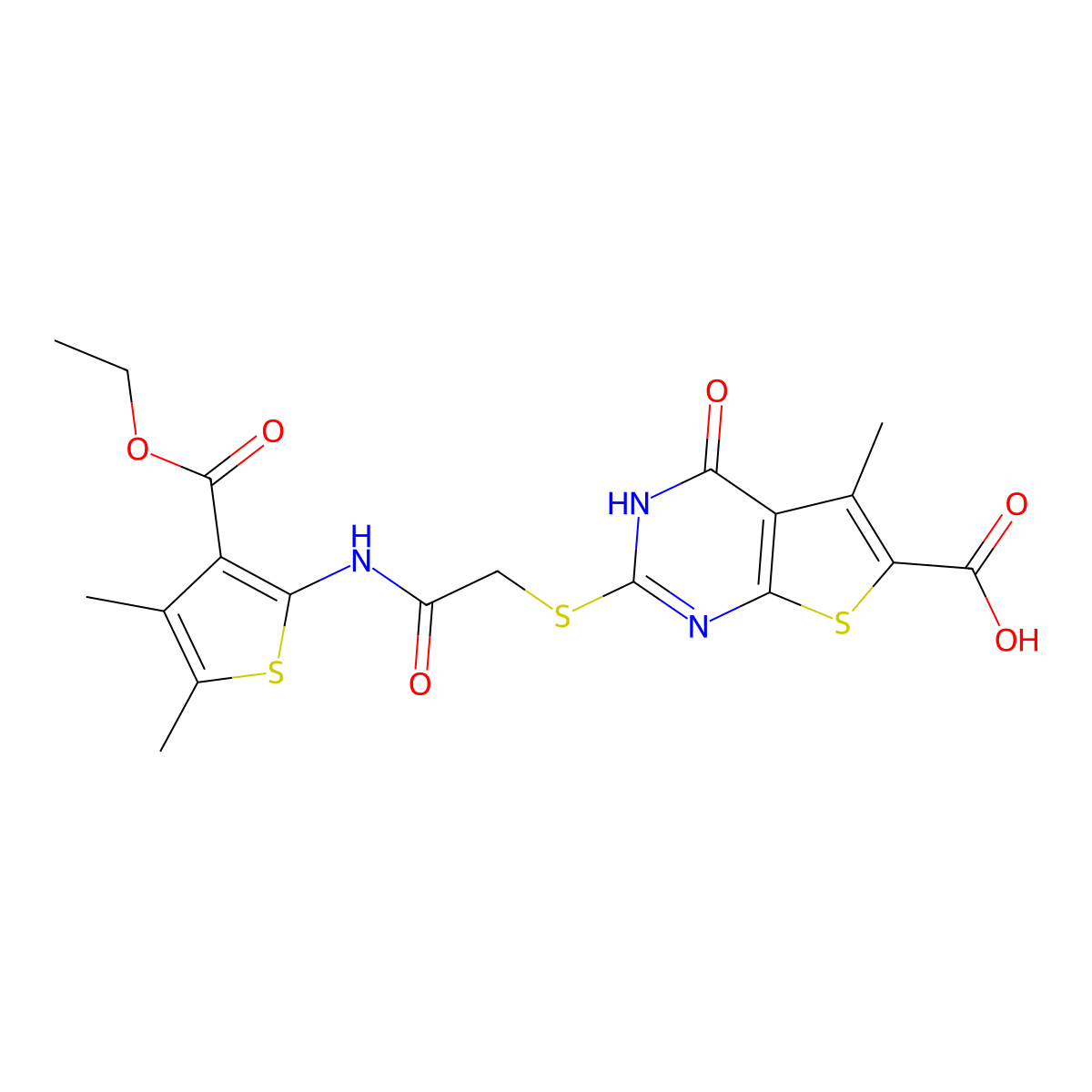 2-((2-((3-(Ethoxycarbonyl)-4,5-dimethylthiophen-2-yl)amino)-2-oxoethyl)thio)-5-methyl-4-oxo-3,4-dihydrothieno[2,3-d]pyrimidine-6-carboxylic acid molecular structure, CAS 838253-02-4