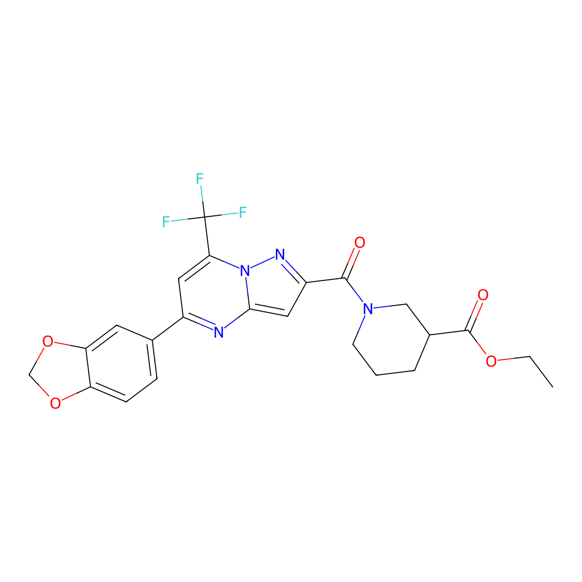 Ethyl 1-{[5-(1,3-benzodioxol-5-yl)-7-(trifluoromethyl)pyrazolo[1,5-a]pyrimidin-2-yl]carbonyl}-3-piperidinecarboxylate molecular structure, CAS 838253-40-0