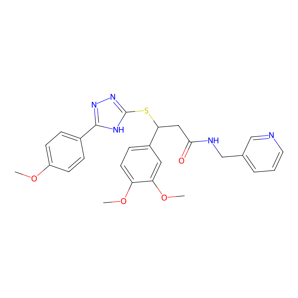 3-(3,4-dimethoxyphenyl)-3-[[5-(4-methoxyphenyl)-1H-1,2,4-triazol-3-yl]sulfanyl]-N-(pyridin-3-ylmethyl)propanamide molecular structure, CAS 838259-73-7