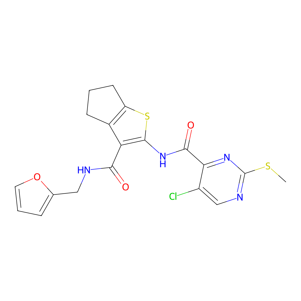 5-chloro-N-[3-(furan-2-ylmethylcarbamoyl)-5,6-dihydro-4H-cyclopenta[b]thiophen-2-yl]-2-methylsulfanylpyrimidine-4-carboxamide molecular structure, CAS 838260-41-6