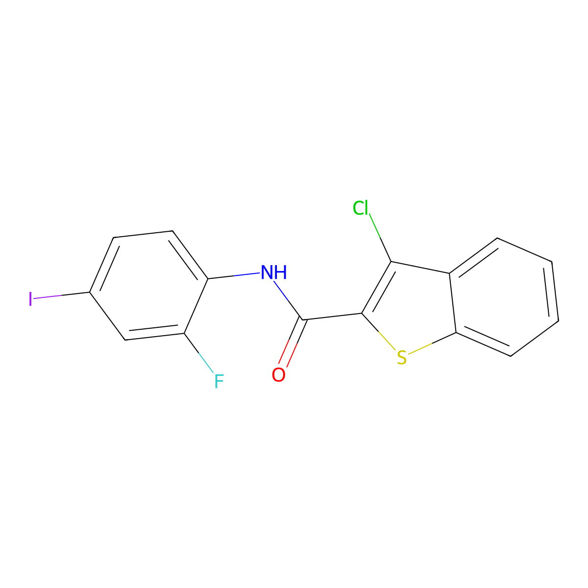3-chloro-N-(2-fluoro-4-iodophenyl)-1-benzothiophene-2-carboxamide molecular structure, CAS 838262-54-7