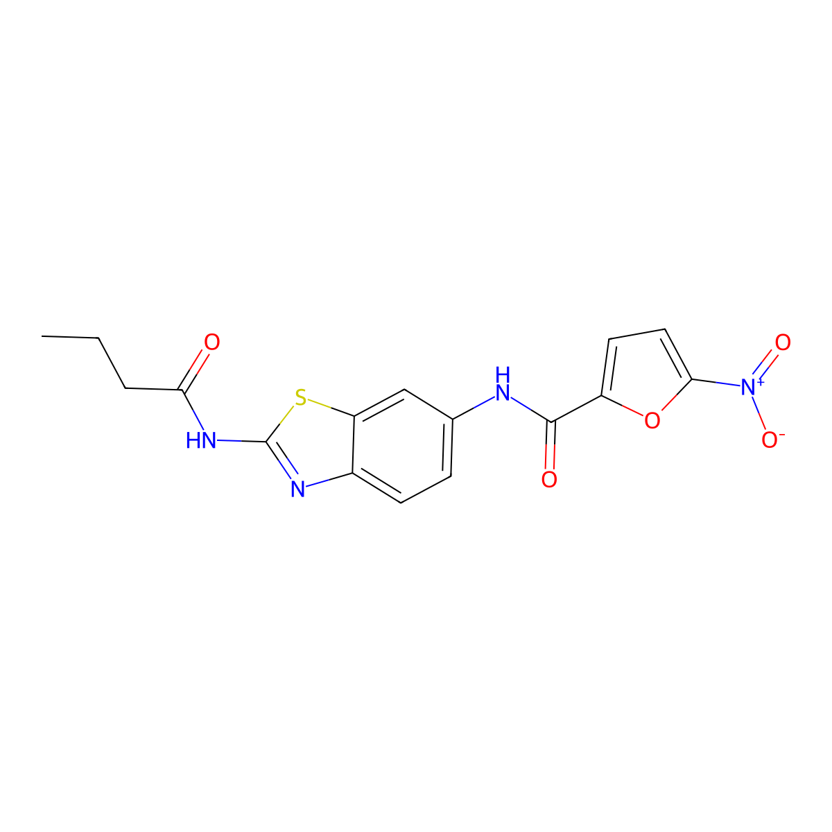 N-[2-(butanoylamino)-1,3-benzothiazol-6-yl]-5-nitrofuran-2-carboxamide molecular structure, CAS 838264-11-2