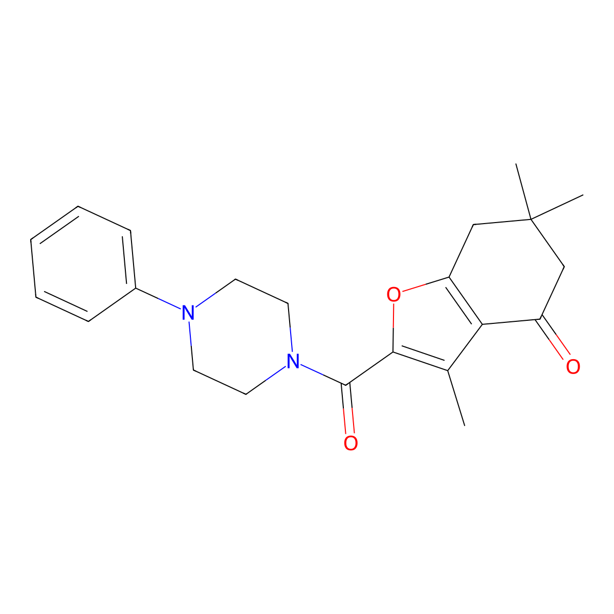 3,6,6-trimethyl-2-[(4-phenylpiperazin-1-yl)carbonyl]-6,7-dihydro-1-benzofuran-4(5H)-one molecular structure, CAS 838268-07-8