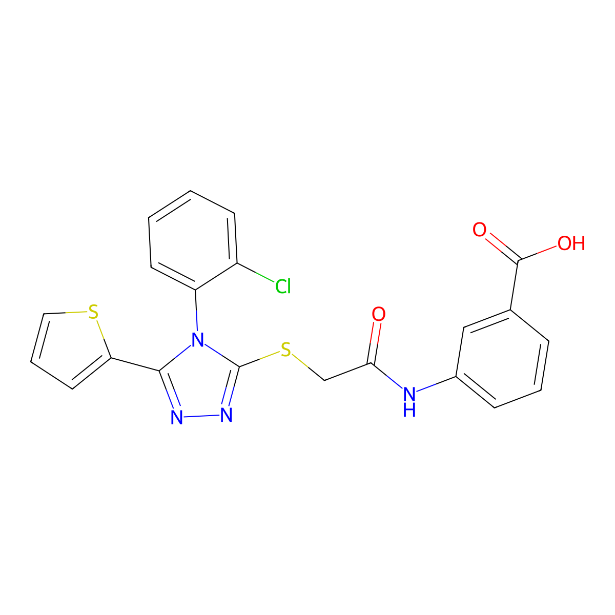 3-[({[4-(2-chlorophenyl)-5-(thiophen-2-yl)-4H-1,2,4-triazol-3-yl]sulfanyl}acetyl)amino]benzoic acid molecular structure, CAS 838271-89-9