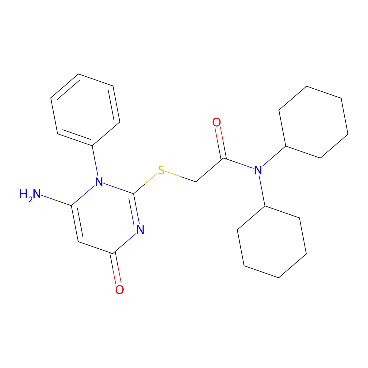 2-(6-amino-4-oxo-1-phenylpyrimidin-2-yl)sulfanyl-N,N-dicyclohexylacetamide molecular structure, CAS 838273-30-6
