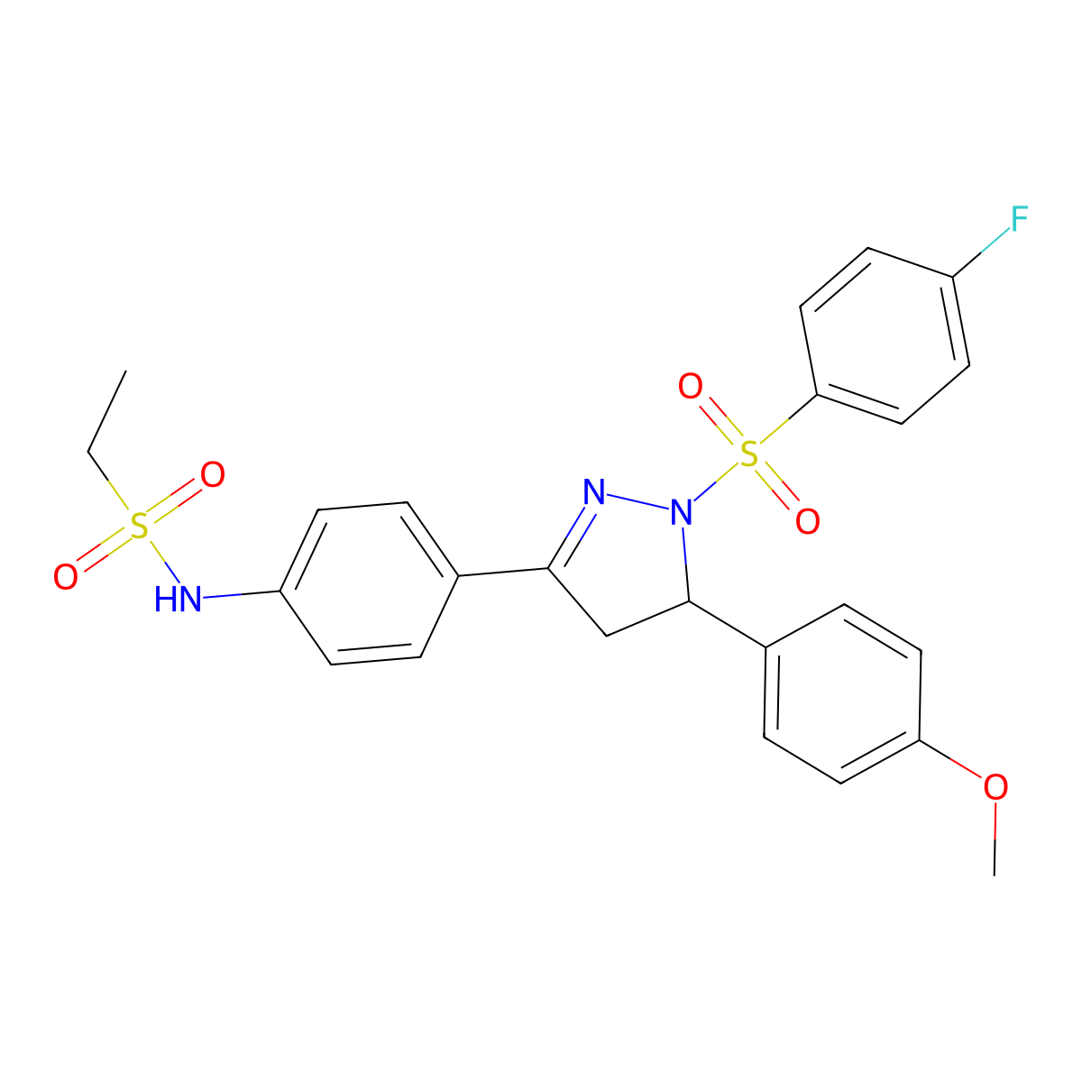 N-(4-(1-((4-fluorophenyl)sulfonyl)-5-(4-methoxyphenyl)-4,5-dihydro-1H-pyrazol-3-yl)phenyl)ethanesulfonamide molecular structure, CAS 838381-07-0