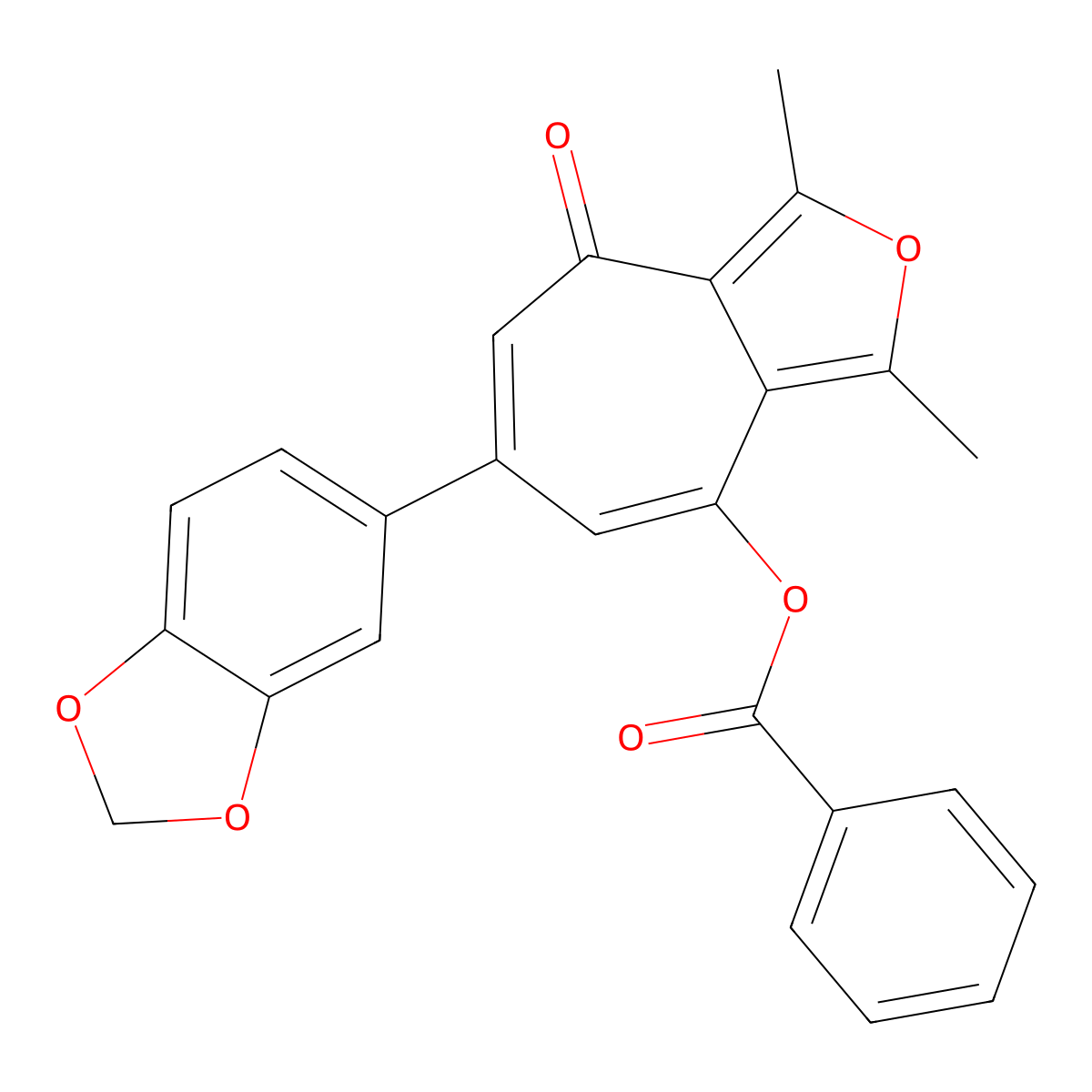 6-(benzo[d][1,3]dioxol-5-yl)-1,3-dimethyl-4-oxo-4H-cyclohepta[c]furan-8-yl benzoate molecular structure, CAS 838384-24-0