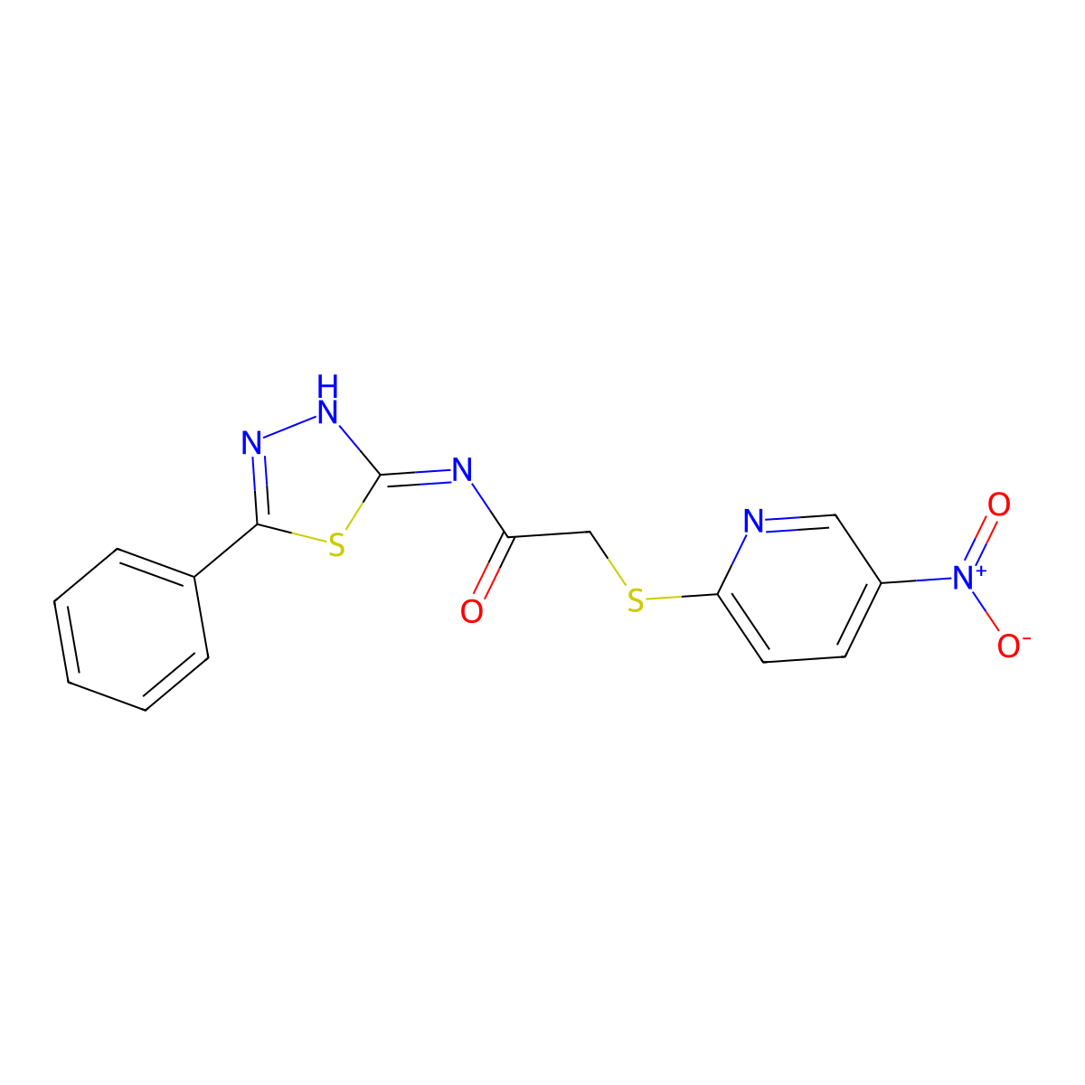 2-(5-nitropyridin-2-yl)sulfanyl-N-(5-phenyl-1,3,4-thiadiazol-2-yl)acetamide molecular structure, CAS 838387-55-6