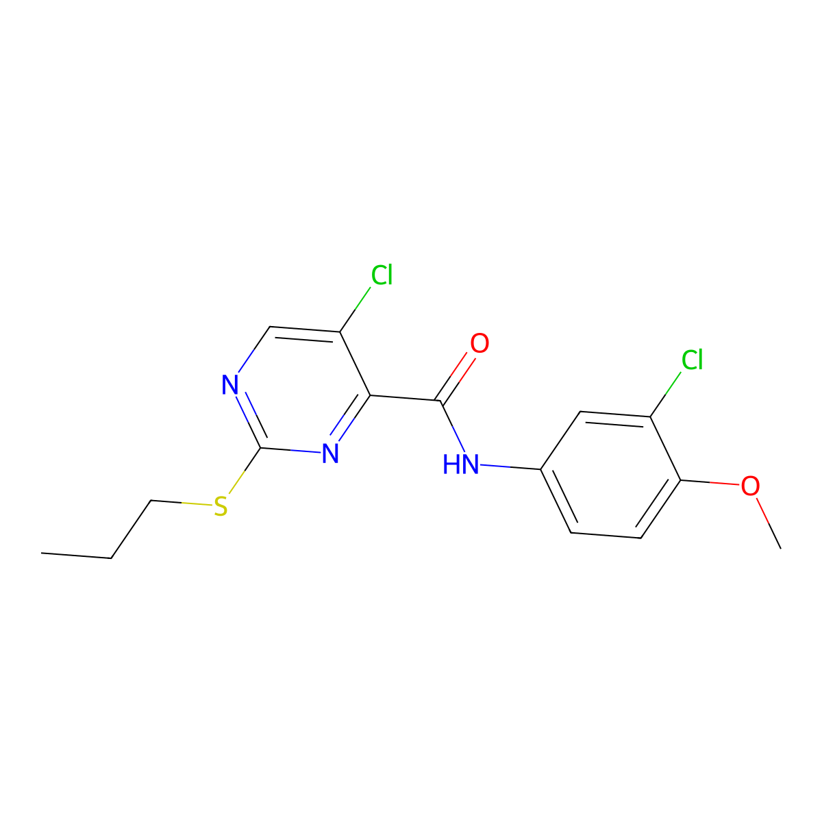 5-chloro-N-(3-chloro-4-methoxyphenyl)-2-(propylsulfanyl)pyrimidine-4-carboxamide molecular structure, CAS 838389-90-5