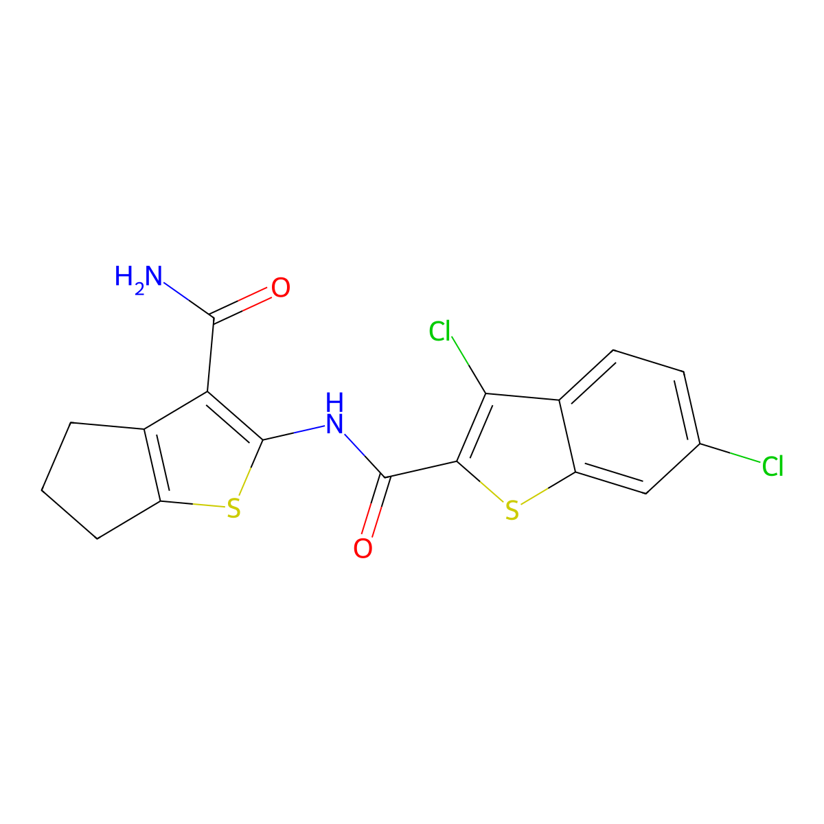 N-(3-carbamoyl-5,6-dihydro-4H-cyclopenta[b]thiophen-2-yl)-3,6-dichloro-1-benzothiophene-2-carboxamide molecular structure, CAS 838392-71-5