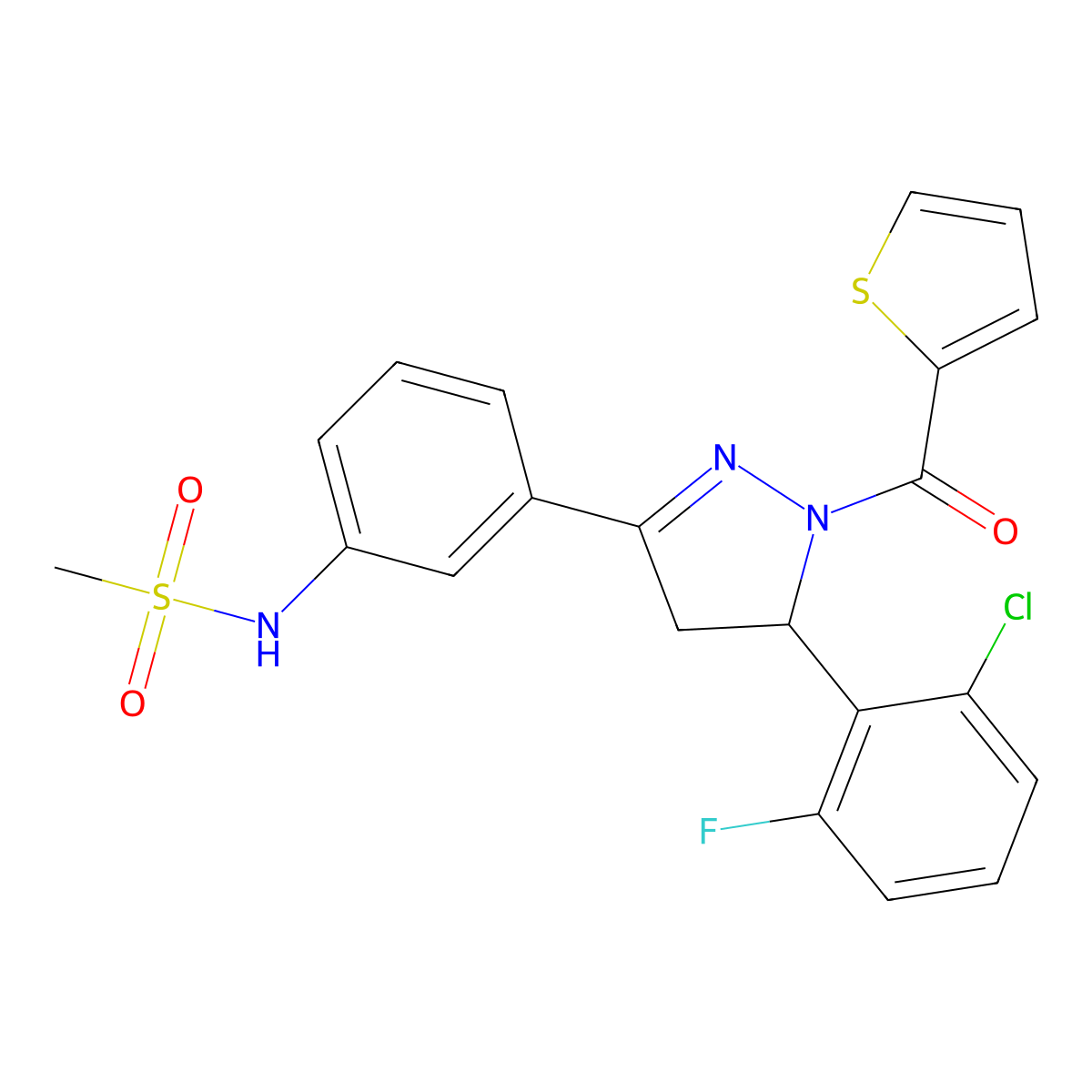 N-{3-[5-(2-chloro-6-fluorophenyl)-1-(thiophene-2-carbonyl)-4,5-dihydro-1H-pyrazol-3-yl]phenyl}methanesulfonamide molecular structure, CAS 838394-42-6