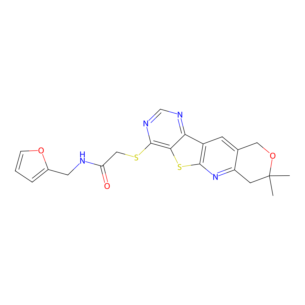 2-((8,8-dimethyl-8,10-dihydro-7H-pyrano[3'',4'':5',6']pyrido[3',2':4,5]thieno[3,2-d]pyrimidin-4-yl)thio)-N-(furan-2-ylmethyl)acetamide molecular structure, CAS 838394-70-0