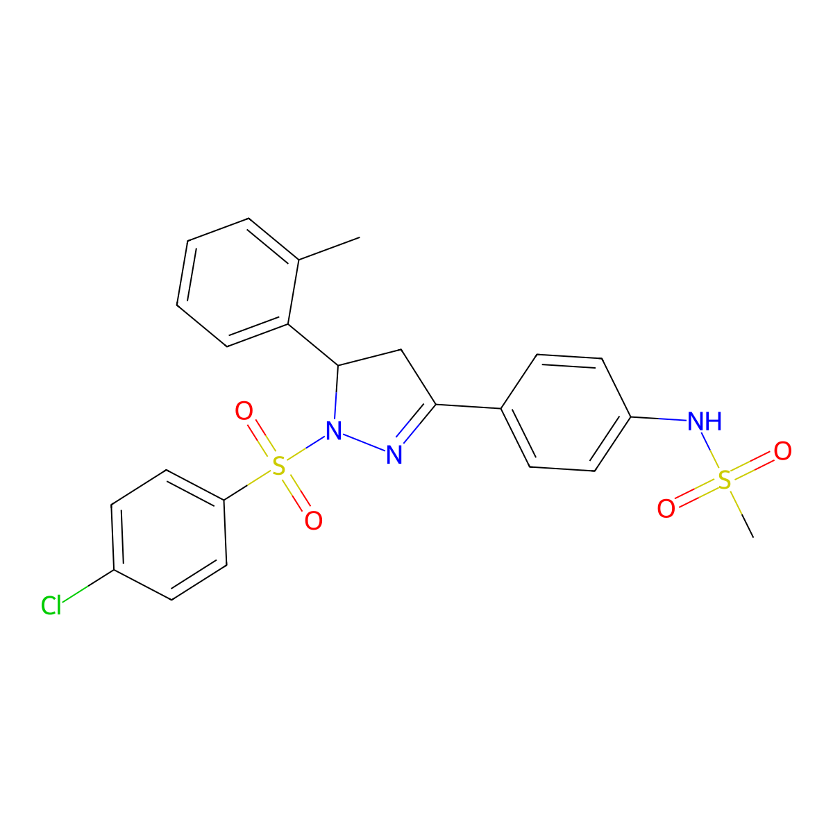 N-(4-(1-((4-chlorophenyl)sulfonyl)-5-(o-tolyl)-4,5-dihydro-1H-pyrazol-3-yl)phenyl)methanesulfonamide molecular structure, CAS 838395-33-8