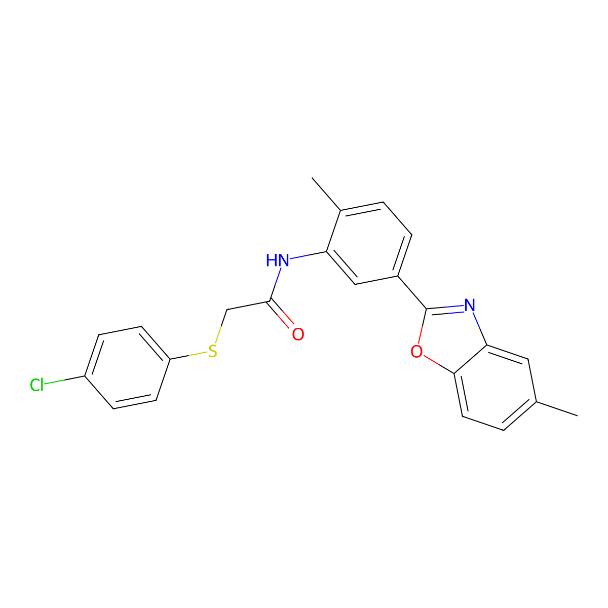 2-(4-chlorophenyl)sulfanyl-N-[2-methyl-5-(5-methyl-1,3-benzoxazol-2-yl)phenyl]acetamide molecular structure, CAS 838399-55-6