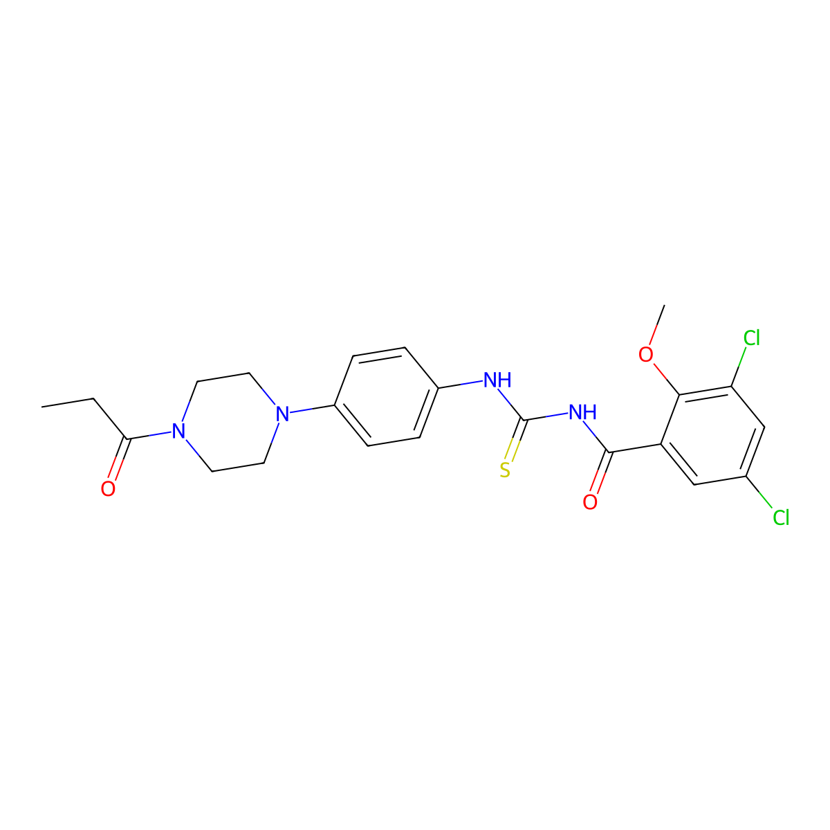 3,5-dichloro-2-methoxy-N-[[4-(4-propanoylpiperazin-1-yl)phenyl]carbamothioyl]benzamide molecular structure, CAS 838401-04-0