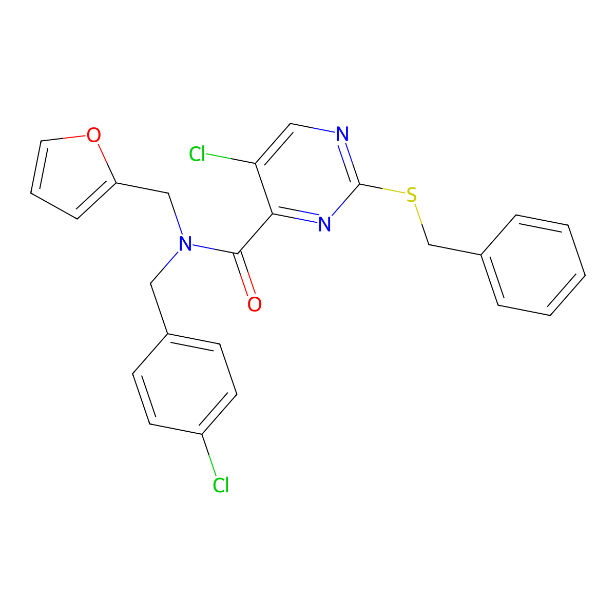 2-benzylsulfanyl-5-chloro-N-[(4-chlorophenyl)methyl]-N-(furan-2-ylmethyl)pyrimidine-4-carboxamide molecular structure, CAS 838403-08-0