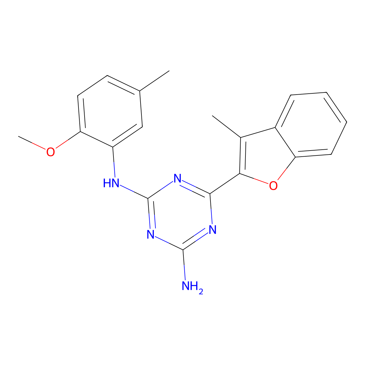 N-(2-methoxy-5-methylphenyl)-6-(3-methyl-1-benzofuran-2-yl)-1,3,5-triazine-2,4-diamine molecular structure, CAS 838403-83-1