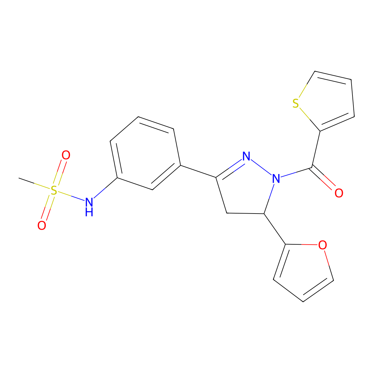 N-[3-[3-(furan-2-yl)-2-(thiophene-2-carbonyl)-3,4-dihydropyrazol-5-yl]phenyl]methanesulfonamide molecular structure, CAS 838404-22-1