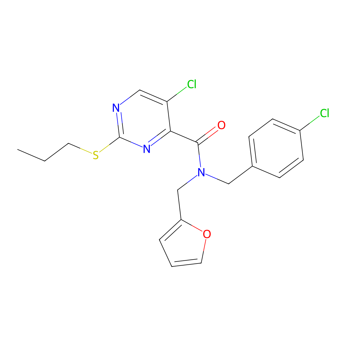 5-chloro-N-[(4-chlorophenyl)methyl]-N-(furan-2-ylmethyl)-2-propylsulfanylpyrimidine-4-carboxamide molecular structure, CAS 838407-97-9