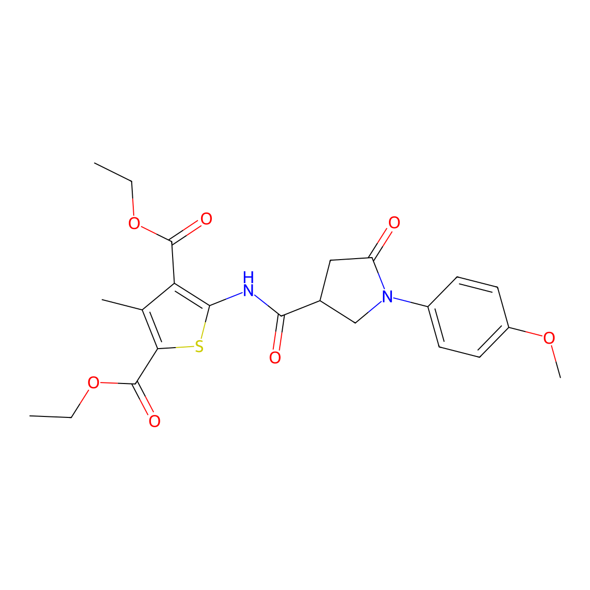 Diethyl 5-({[1-(4-methoxyphenyl)-5-oxopyrrolidin-3-yl]carbonyl}amino)-3-methylthiophene-2,4-dicarboxylate molecular structure, CAS 838595-42-9