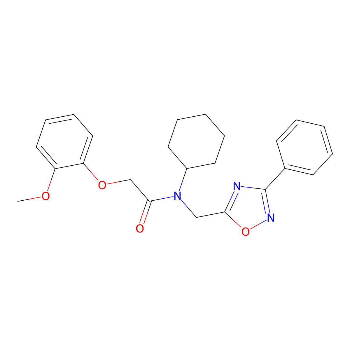 N-cyclohexyl-2-(2-methoxyphenoxy)-N-[(3-phenyl-1,2,4-oxadiazol-5-yl)methyl]acetamide molecular structure, CAS 838596-97-7