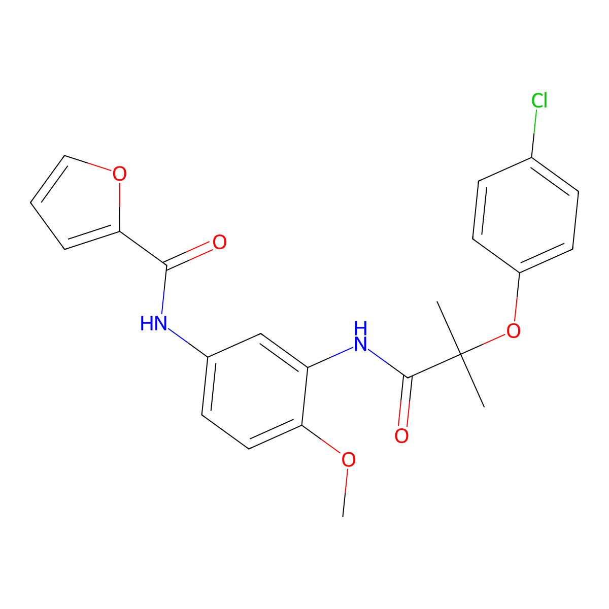N-[3-[[2-(4-chlorophenoxy)-2-methylpropanoyl]amino]-4-methoxyphenyl]furan-2-carboxamide molecular structure, CAS 838607-68-4