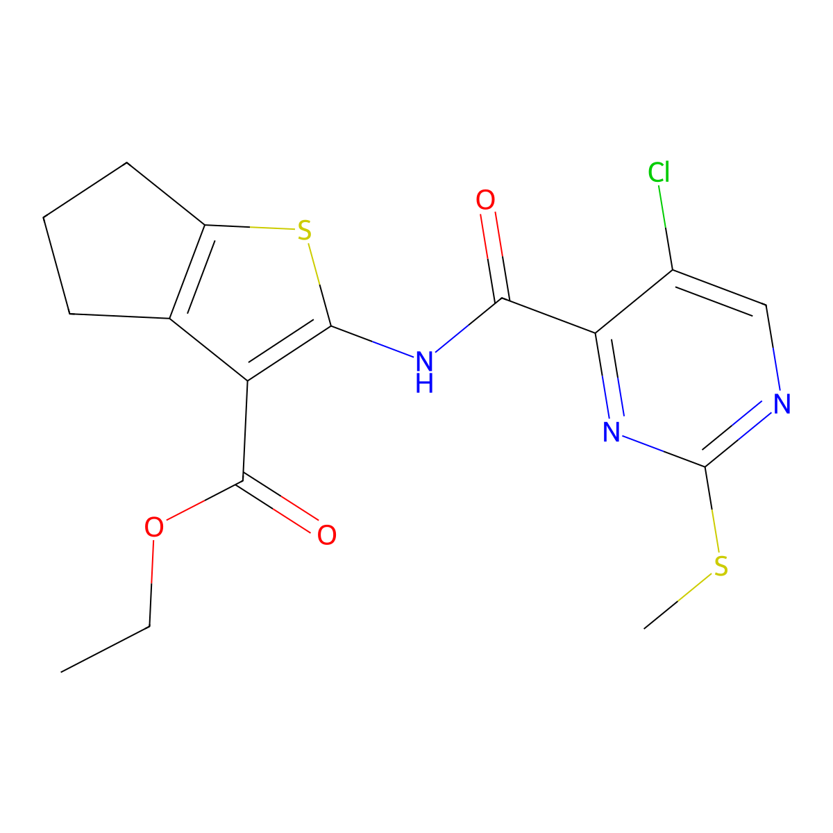 ethyl 2-({[5-chloro-2-(methylsulfanyl)pyrimidin-4-yl]carbonyl}amino)-5,6-dihydro-4H-cyclopenta[b]thiophene-3-carboxylate molecular structure, CAS 838613-11-9
