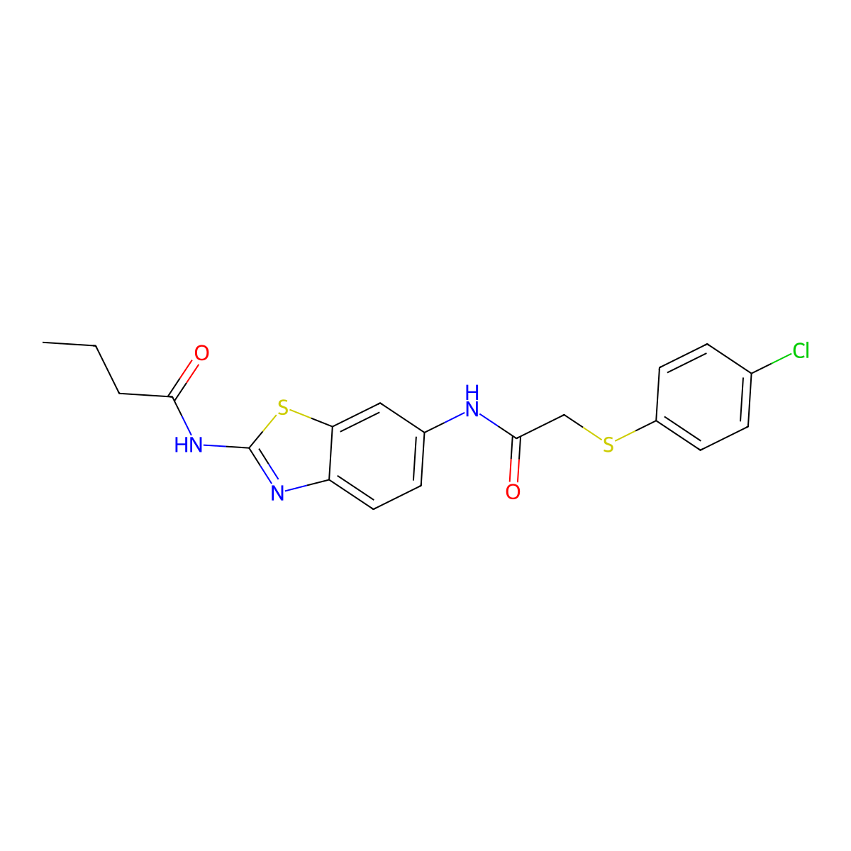 N-[6-[[2-(4-chlorophenyl)sulfanylacetyl]amino]-1,3-benzothiazol-2-yl]butanamide molecular structure, CAS 838621-77-5