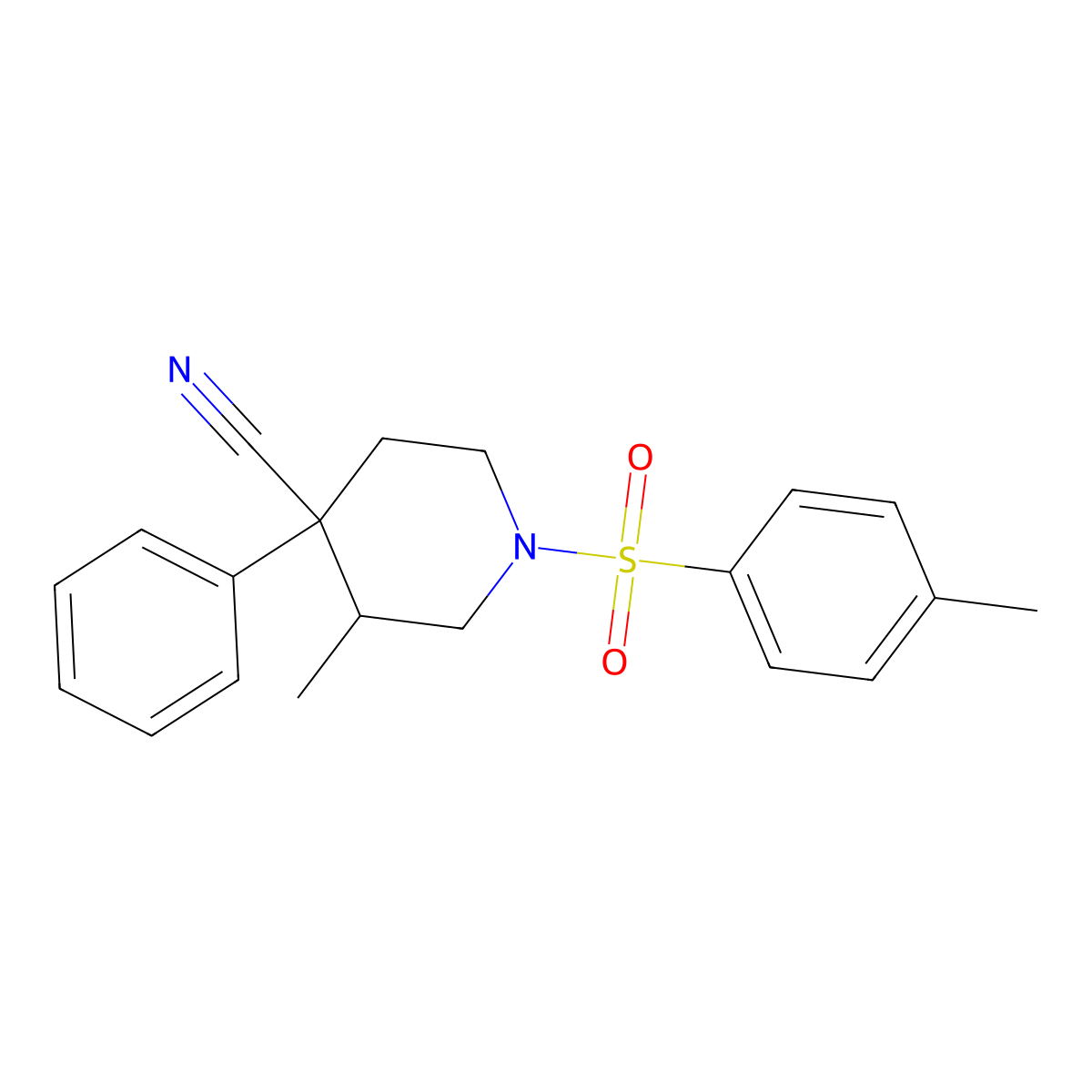 3-Methyl-4-phenyl-1-(p-tolylsulphonyl)piperidine-4-carbonitrile molecular structure, CAS 83863-65-4