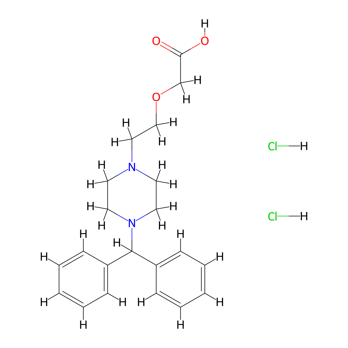 Acetic acid, (2-(2-(4-(diphenylmethyl)-1-piperazinyl)ethoxy)ethoxy)-, dihydrochloride molecular structure, CAS 83881-54-3