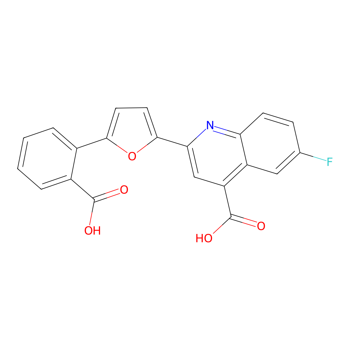 2-[5-(2-Carboxyphenyl)furan-2-yl]-6-fluoroquinoline-4-carboxylic acid molecular structure, CAS 838810-46-1